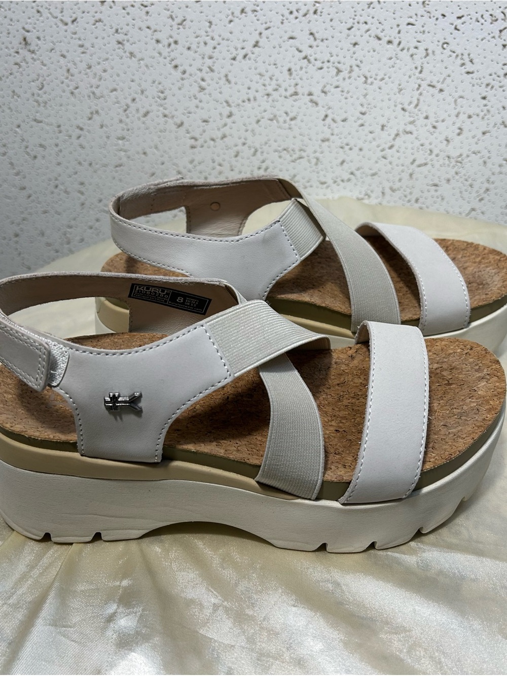 KURU LOMA Ecru Platform Cork Footbed hook & loop Strap Sandals